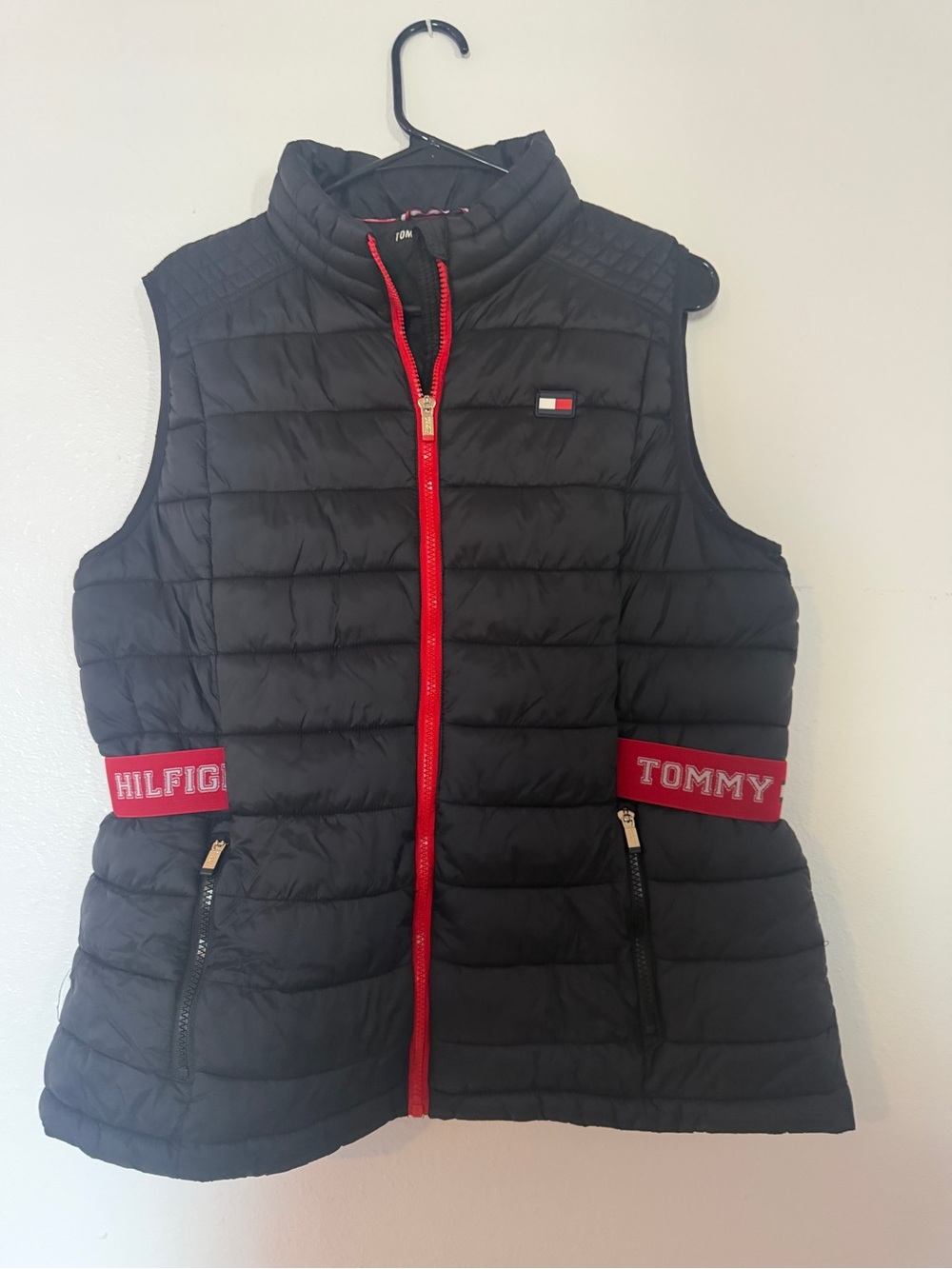 Tommy Hilfiger Black Quilted Vest with Red Trim and Logo Bands